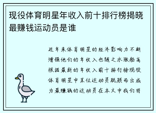 现役体育明星年收入前十排行榜揭晓最赚钱运动员是谁